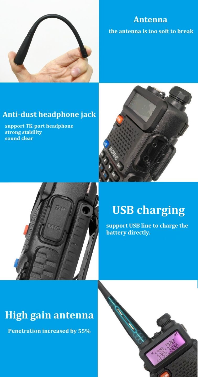 Baofeng UV5R with 3800mAh Extend Battery Speaker Microphone Programming  Cable Security Headset Car Charger High Gain Antenna Walkie-Talkie